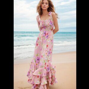 NWOT Yumi Kim Trisha Smocked Bodice Tie Strap Floral Dress Miami Magic Blush XS